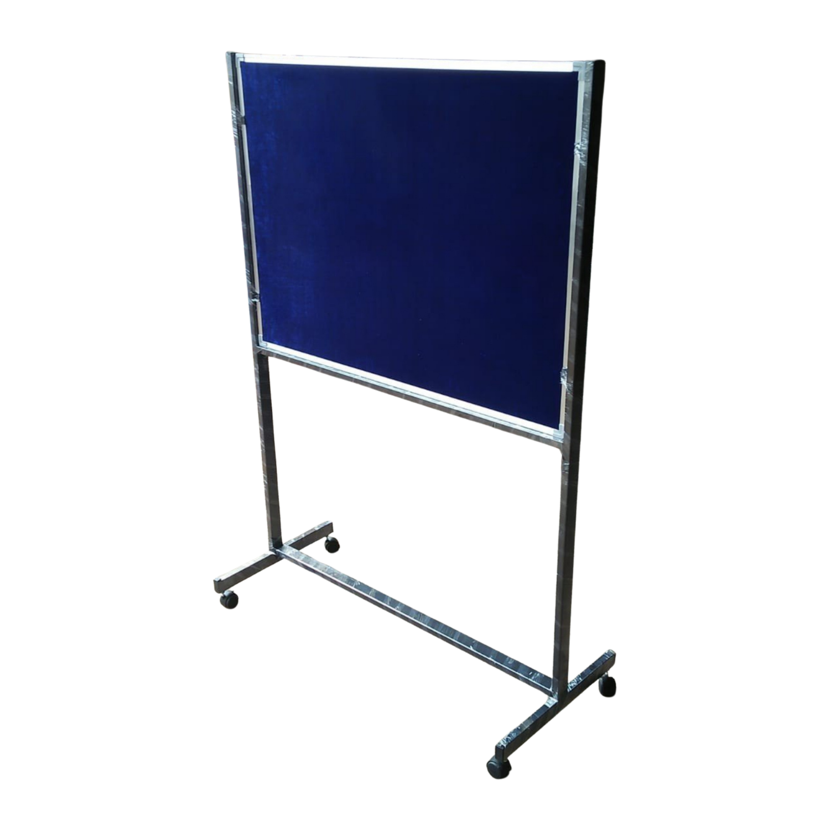 Blue mobile fabric display board with sturdy metal frame and caster wheels by Elite Writing & Display, ideal for offices, schools, exhibitions, and conference halls.