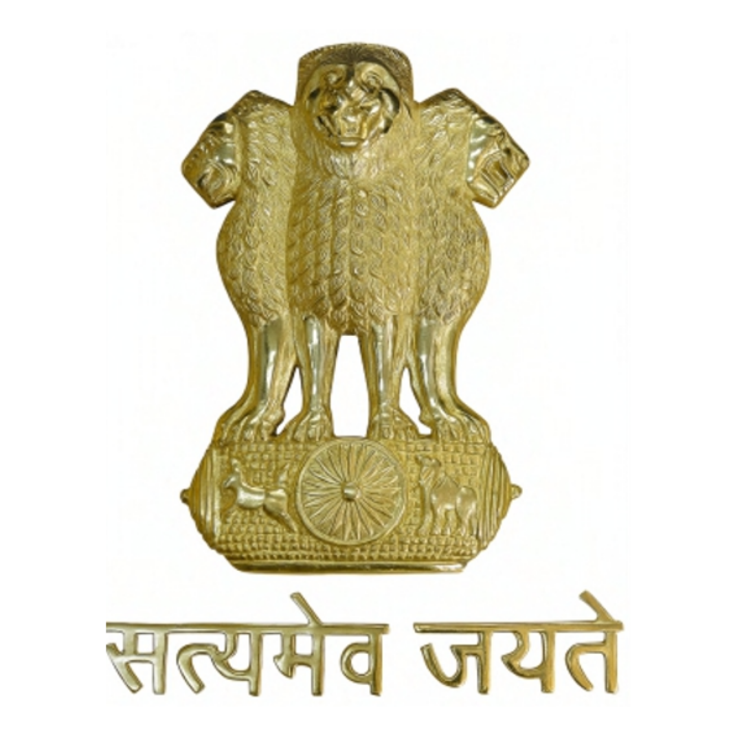 Gold-finish Ashoka Lion Capital emblem with Dharma Chakra and Satyamev Jayate inscription