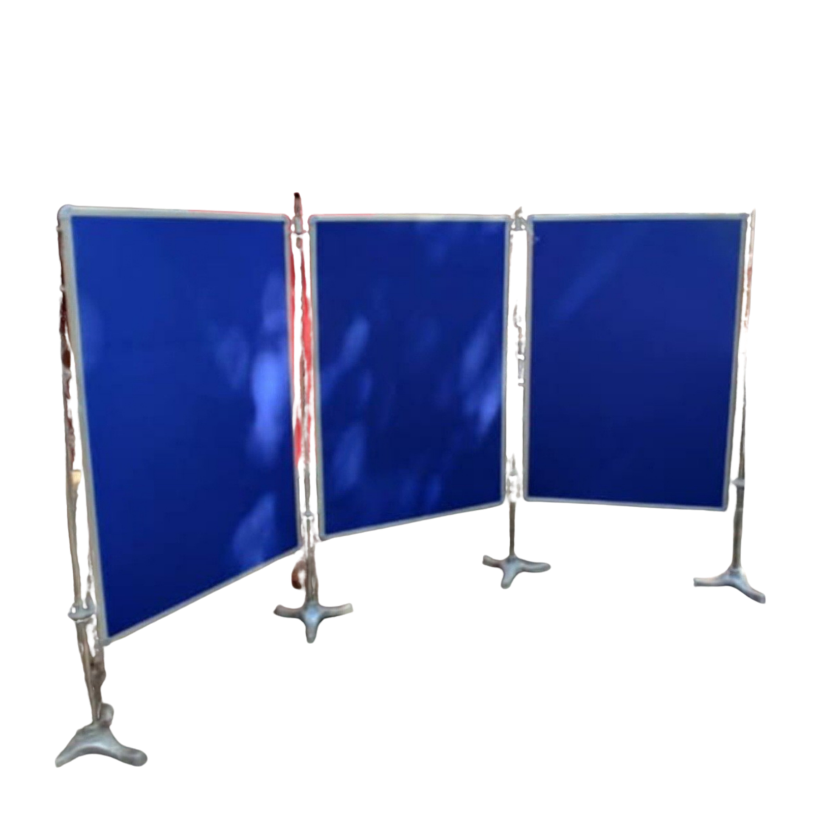 Portable three panel display board stand with blue fabric panels and sturdy metal frame by Elite Writing & Display for exhibitions, schools, offices, and presentations.