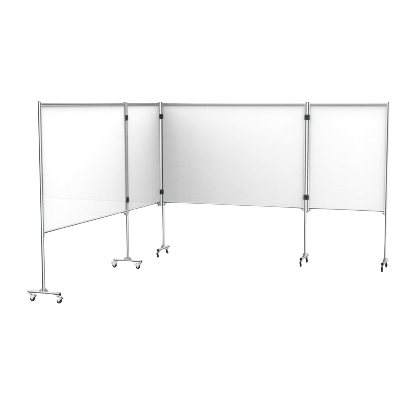 Large modular whiteboard partition with multiple hinged panels and caster wheels for mobile use.