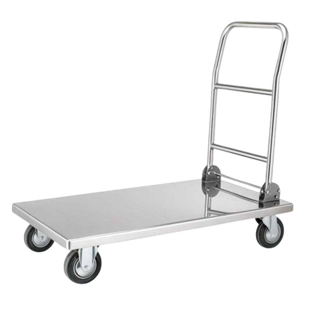 Stainless steel platform trolley with push handle and four caster wheels