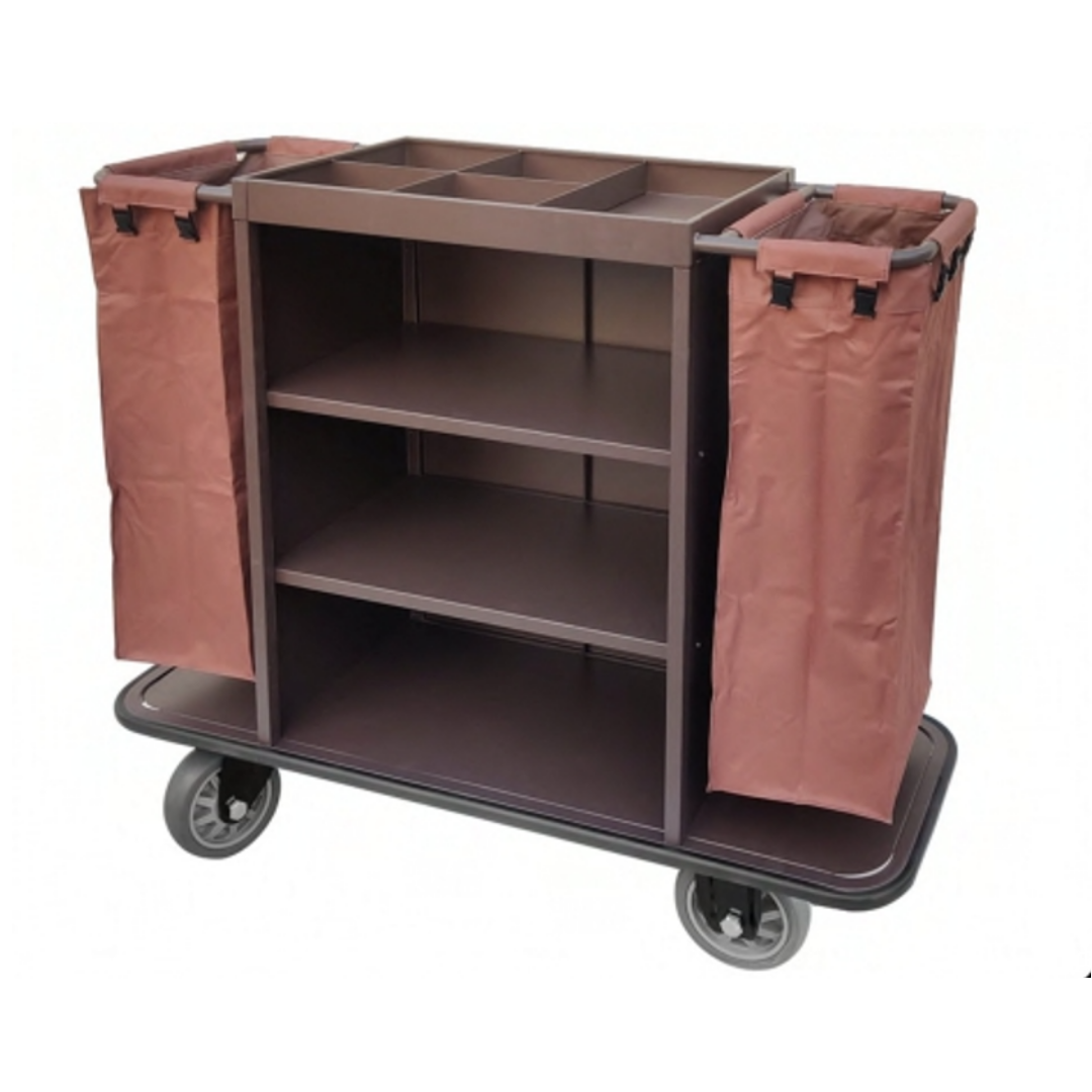 Hotel housekeeping trolley with shelves and side laundry bags on wheels