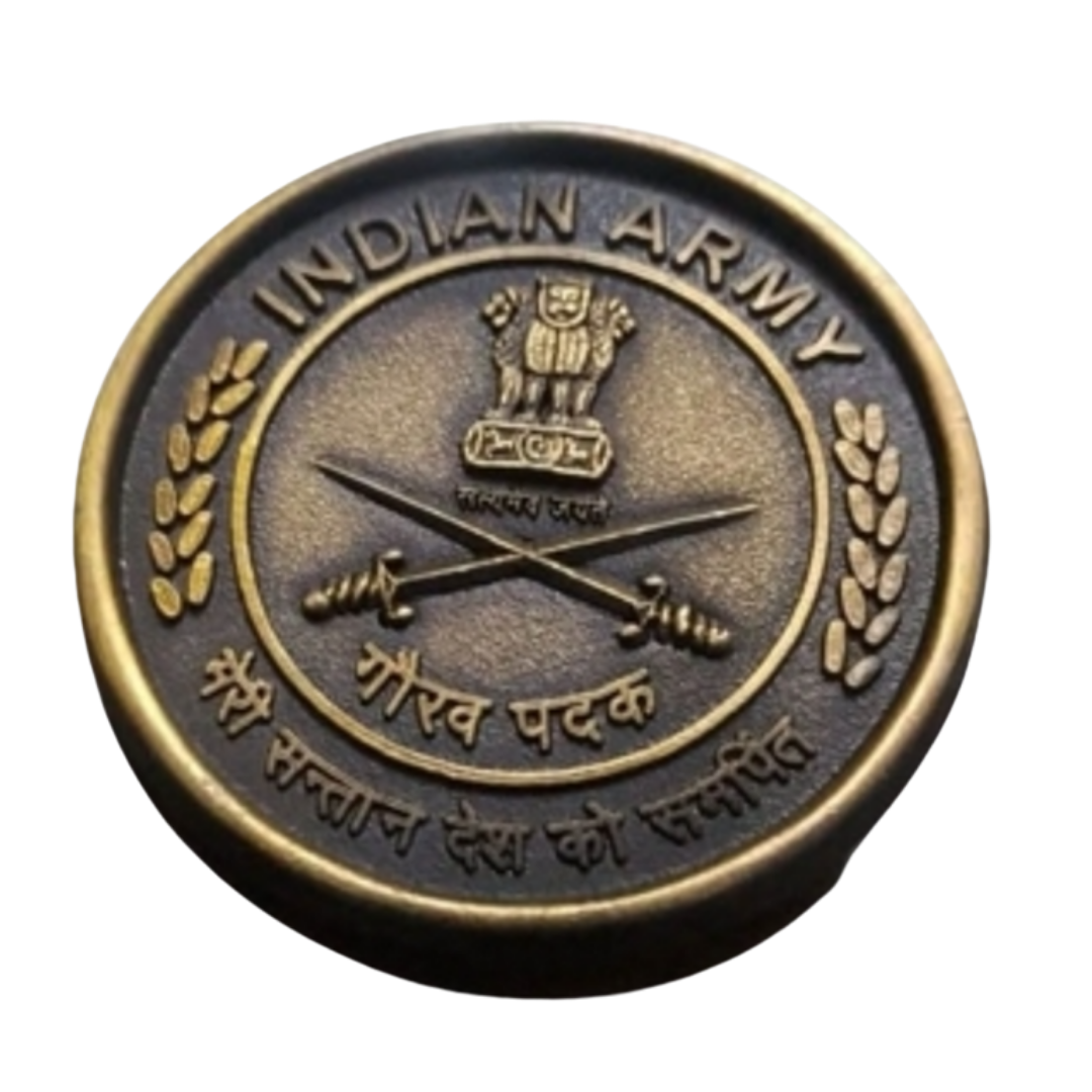Round Indian Army commemorative medallion with crossed swords, Ashoka emblem, and Hindi inscription
