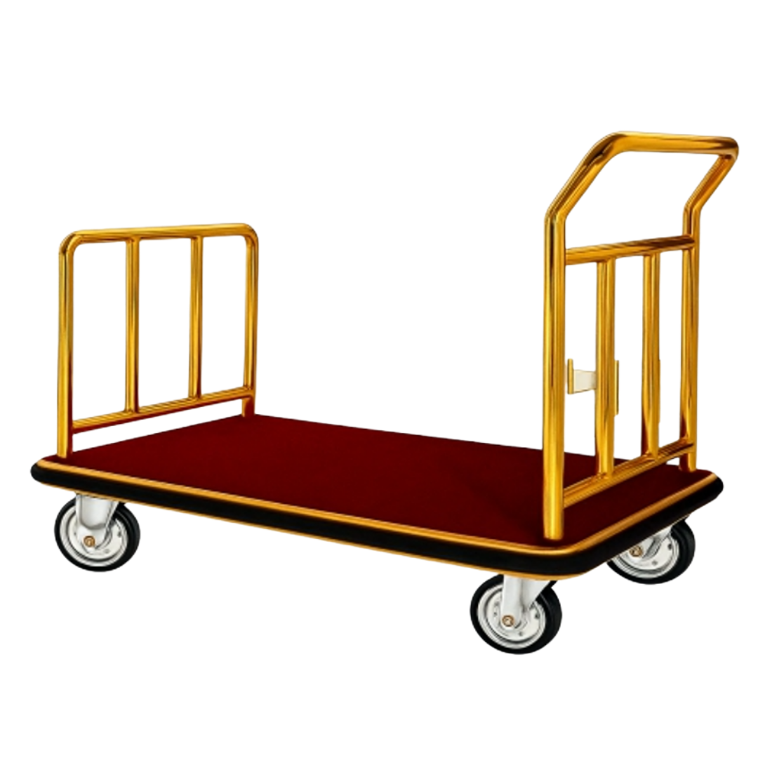 Gold hotel luggage trolley with red carpeted platform and four wheels