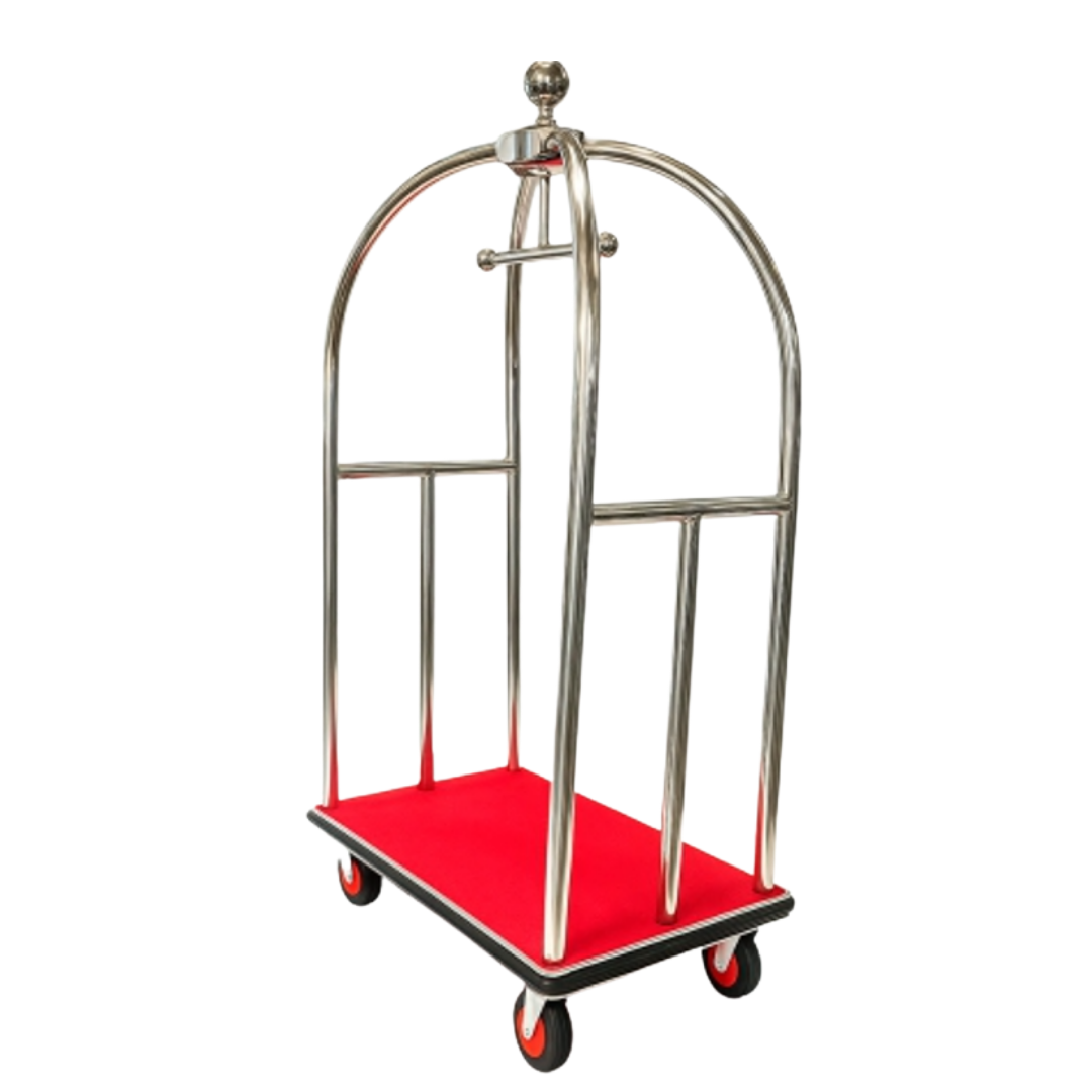 Stainless steel hotel luggage trolley with red carpet platform and four wheels