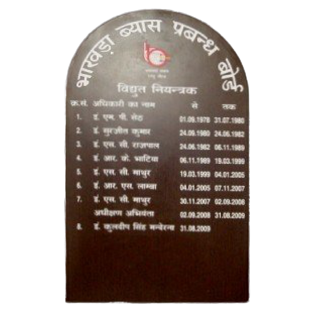 Hindi institutional incumbency board displaying names and tenure dates of officers on a wooden finish plaque
