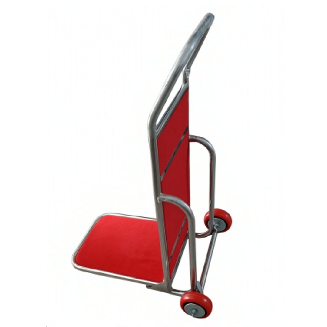 Red folding hotel luggage trolley with stainless steel frame and wheels