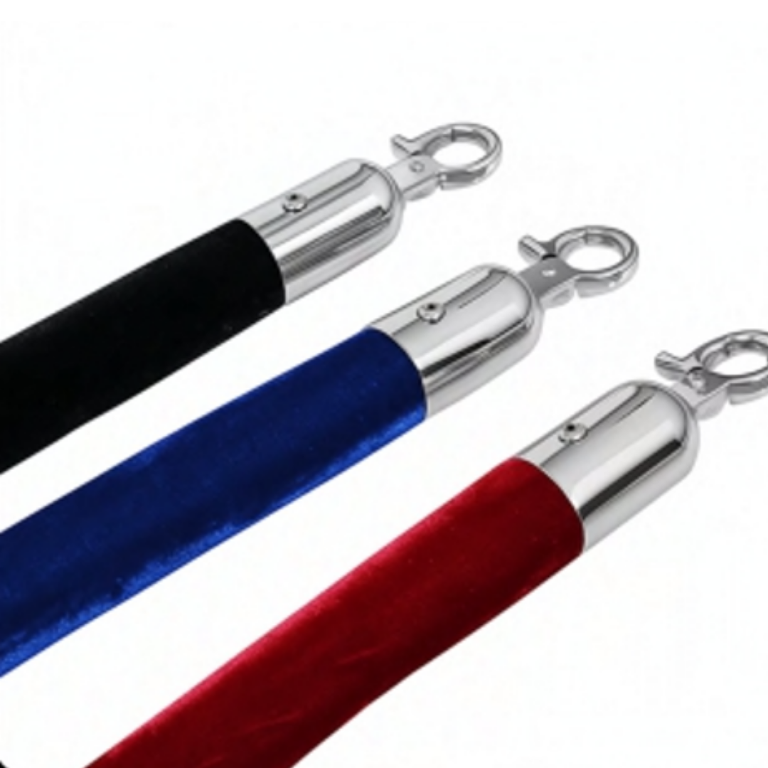 Red, blue, and black velvet rope barriers with polished silver snap hooks