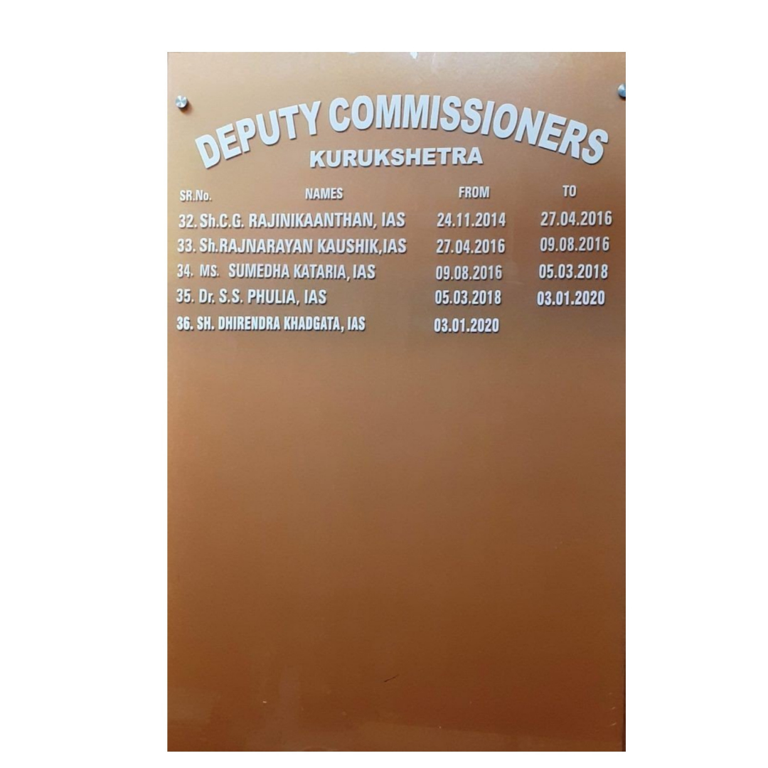 Deputy Commissioners Kurukshetra incumbency board displaying names and tenure dates of IAS officers