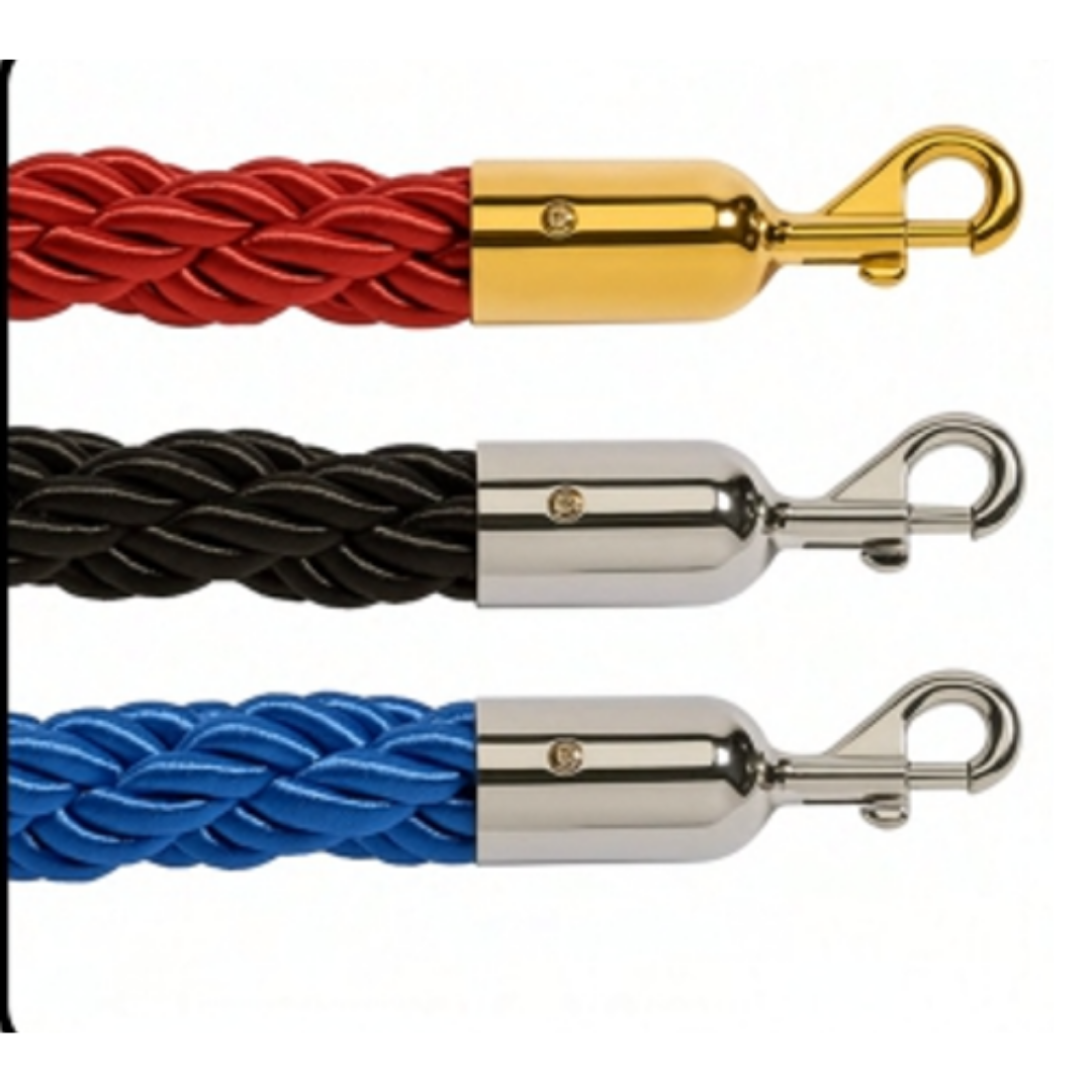 Red, black, and blue braided velvet queue ropes with gold and silver metal snap hooks