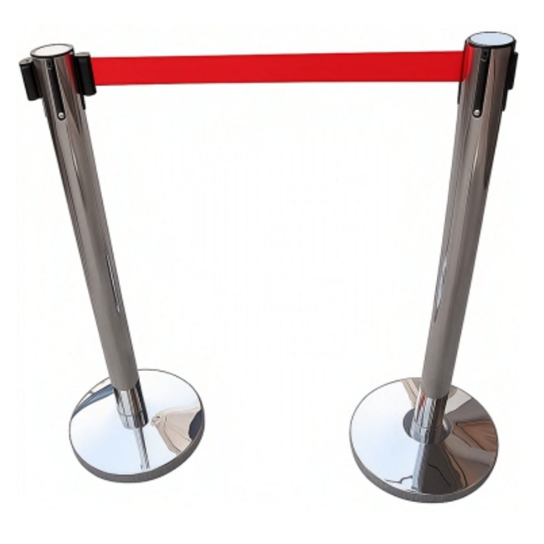 Chrome stainless steel queue barrier posts with red retractable belt