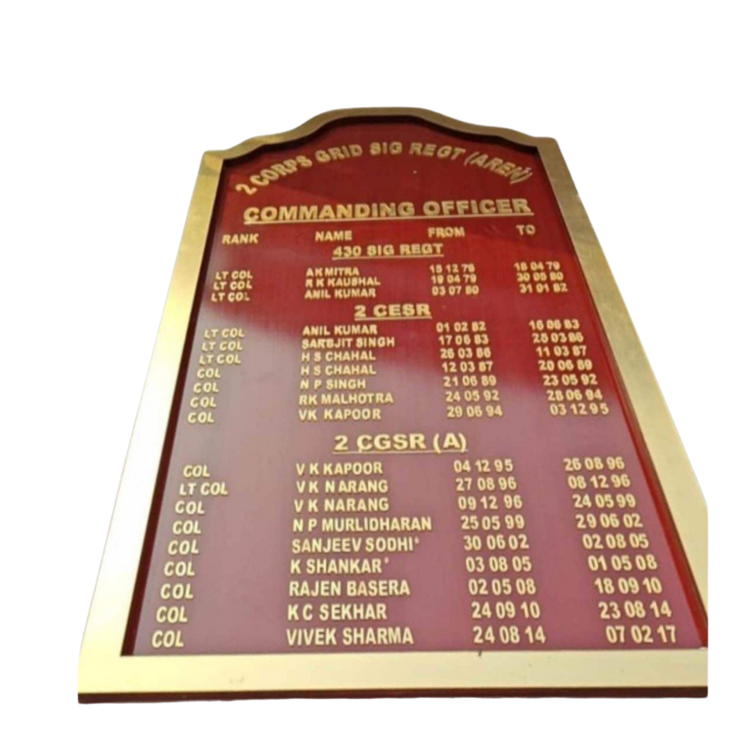 Wooden commanding officer roll of honour plaque for 39 Signal Regiment and 2 CGSR with officer names and service dates