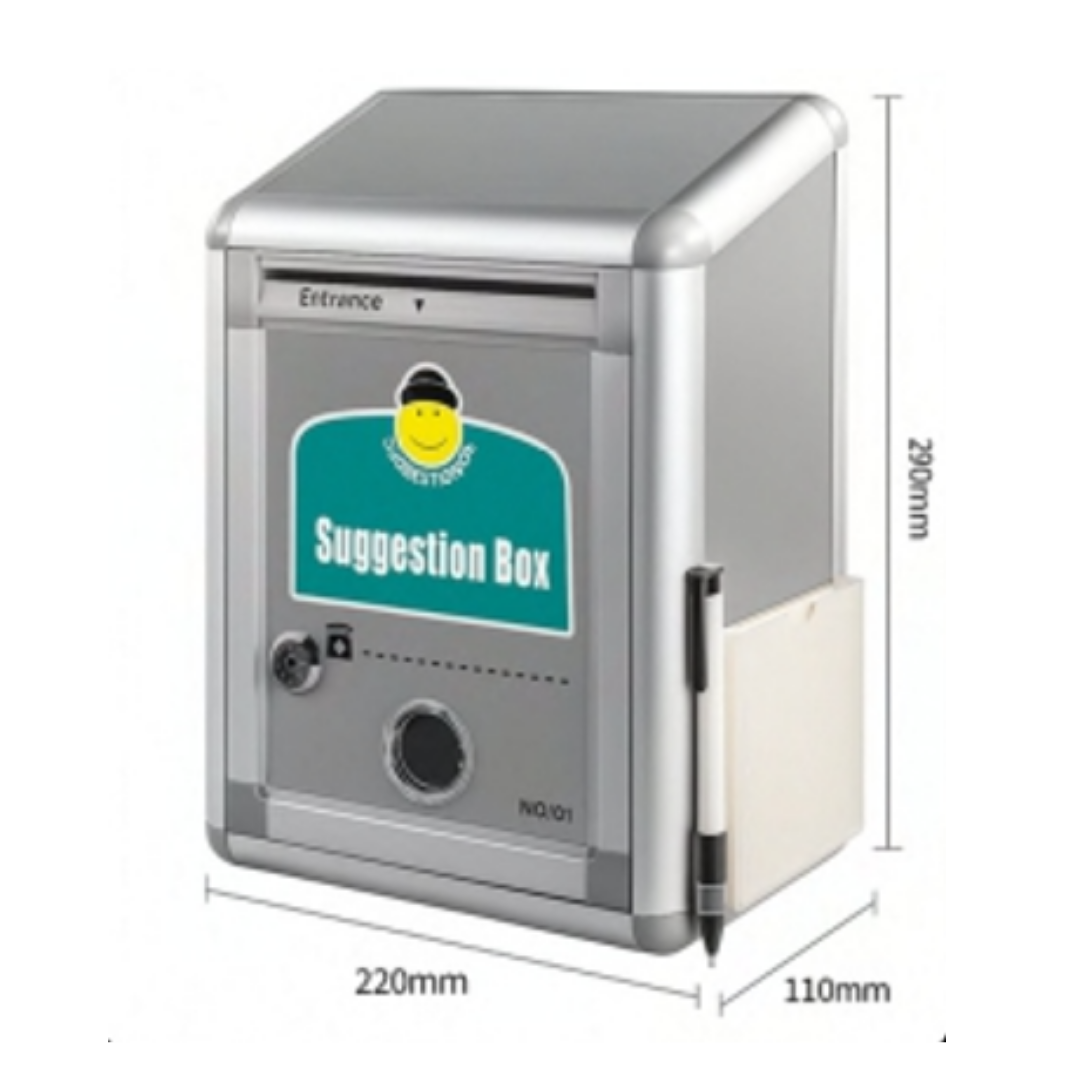 Wall mounted suggestion box with lock, writing slot, and pen holder