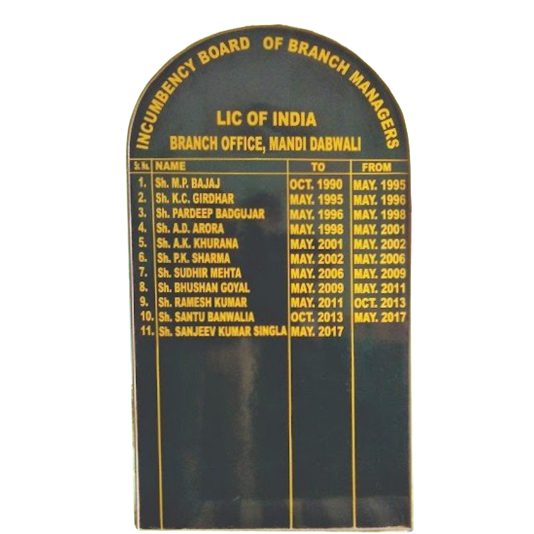 Black engraved LIC of India incumbency board listing branch managers of Mandi Dabwali with names and service dates