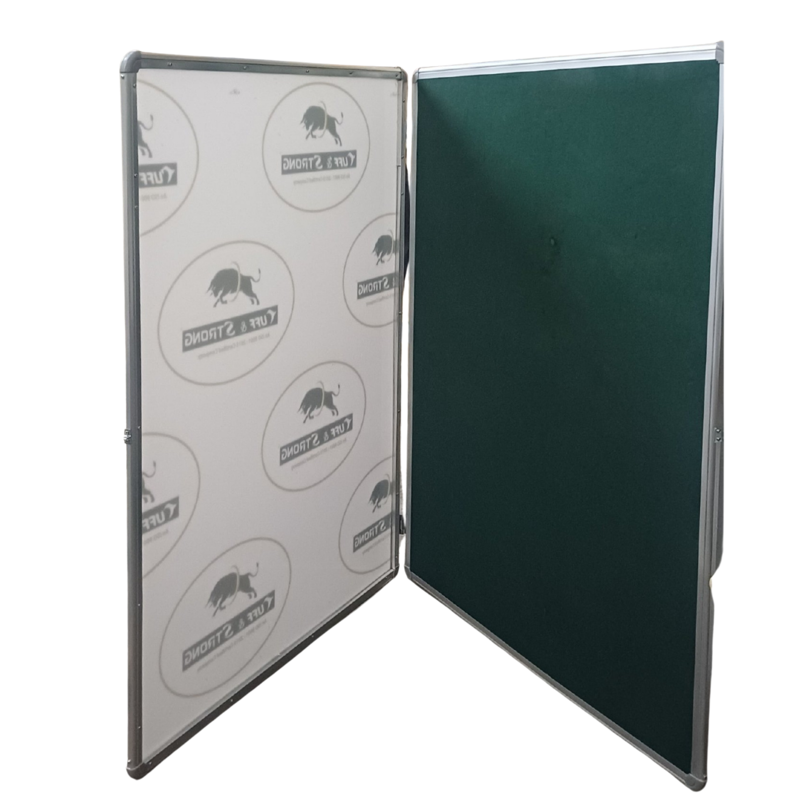 Lockable indoor notice display board with aluminium frame, hinged door, and green fabric pinboard surface by Elite Writing & Display for offices, schools, hospitals, and public information displays.